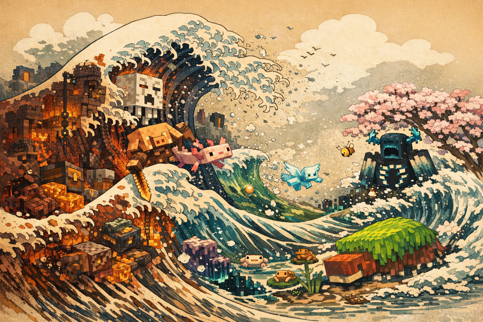 Bannière vague style estampe Minecraft